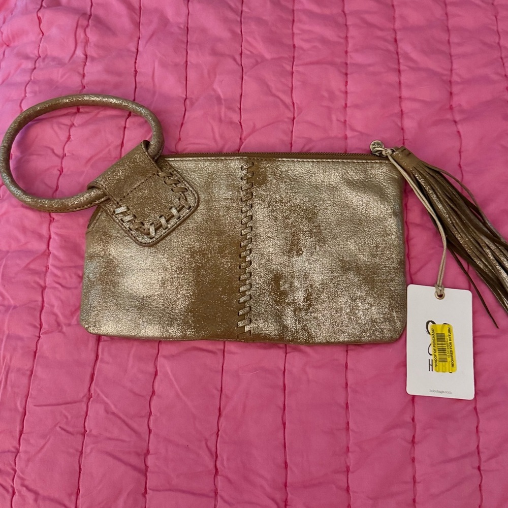 HOBO Bags SABLE Wristlet Shimmering Gold w/Tassel NWT Gilded Leaf Leather